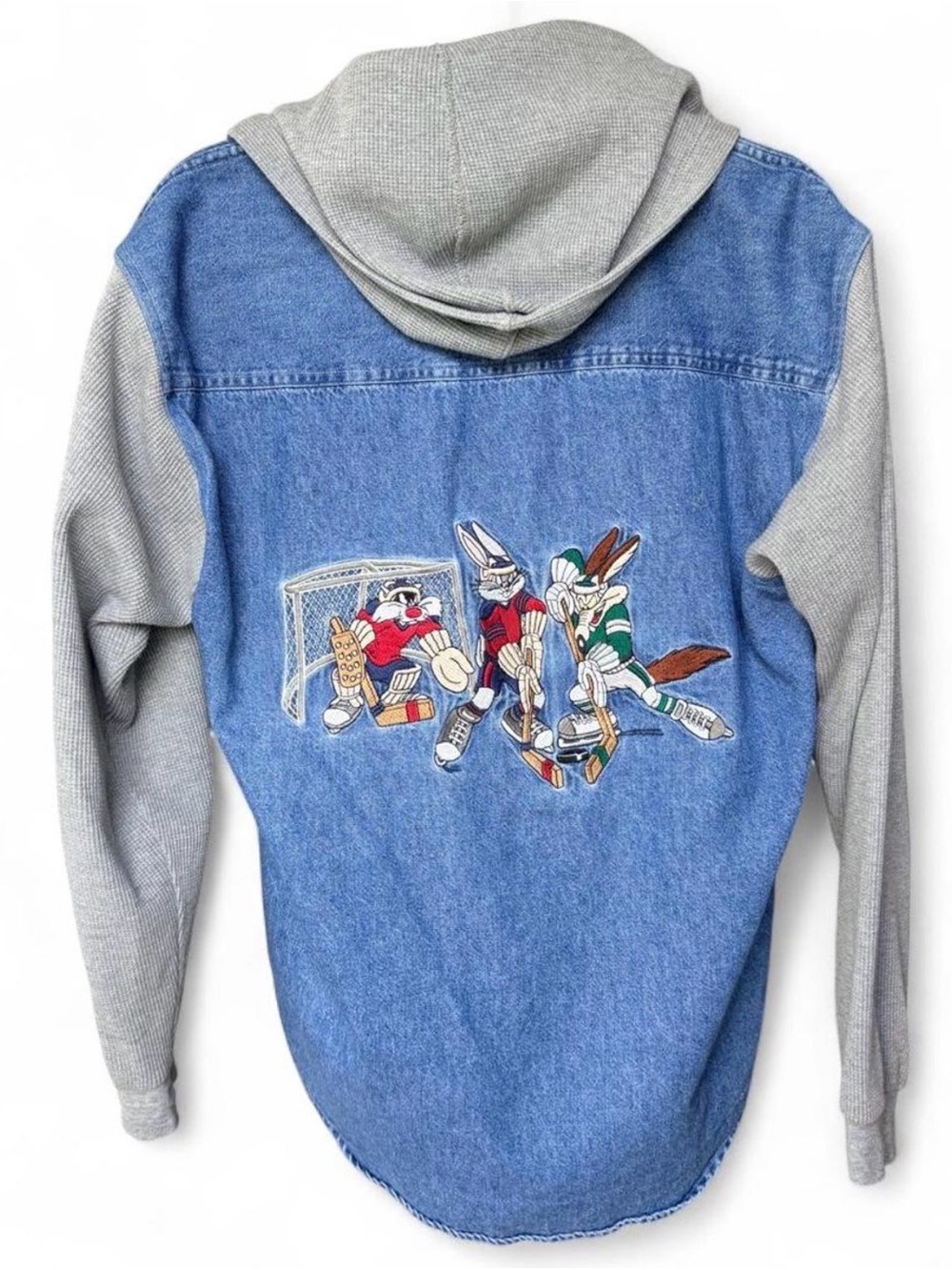 Vintage 1990s ACME Looney Tunes “Ice Devils” Hockey Denim & Waffle-Knit Hoodie